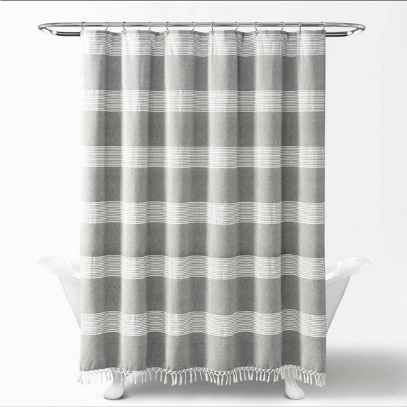 NWT Tucker Stripe Yarn Dyed Cotton Tassel Shower Curtain Gray/White - Lush Décor - Picture 1 of 6